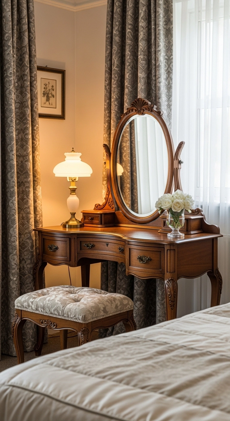 Vintage bedroom vanity ideas with antique wooden vanity and elegant mirror in a cozy bedroom corner