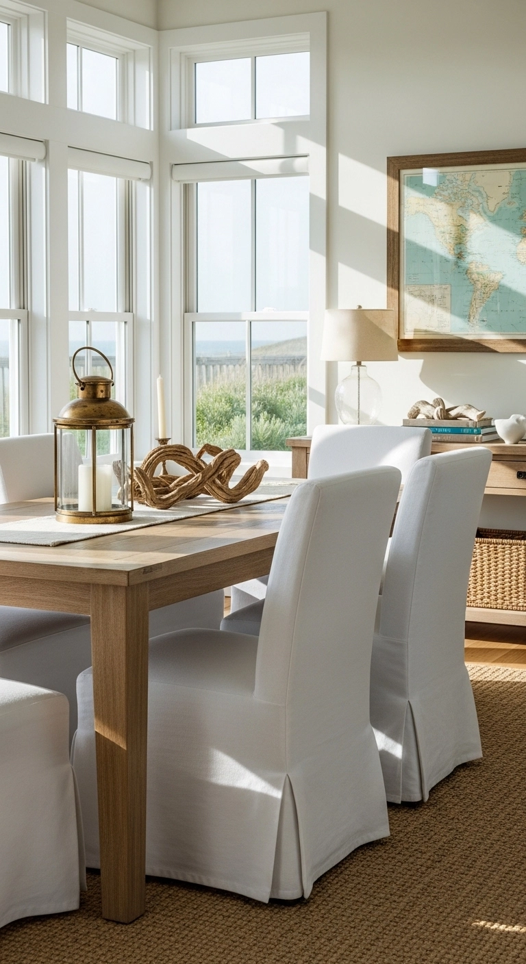 Beach house dining room with vintage coastal décor like antique lanterns and driftwood.