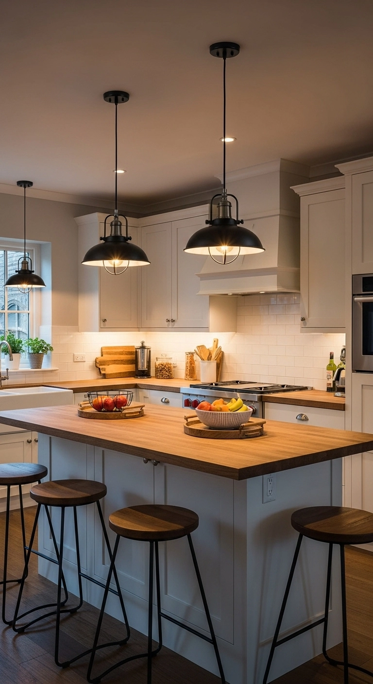 Vintage black metal pendant lights above a farmhouse kitchen island representing cozy farmhouse kitchen ideas.
