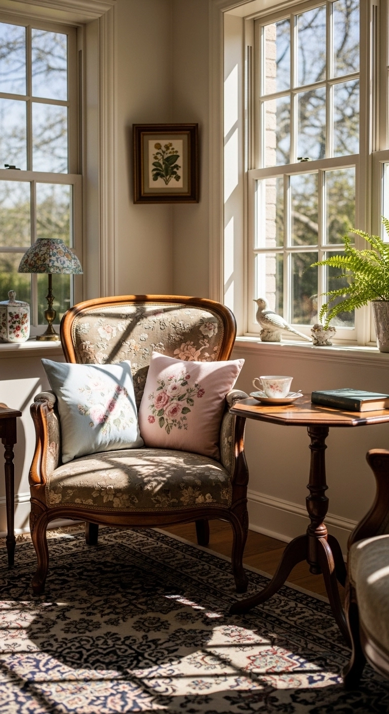 Vintage sun room ideas with antique furniture and floral decor