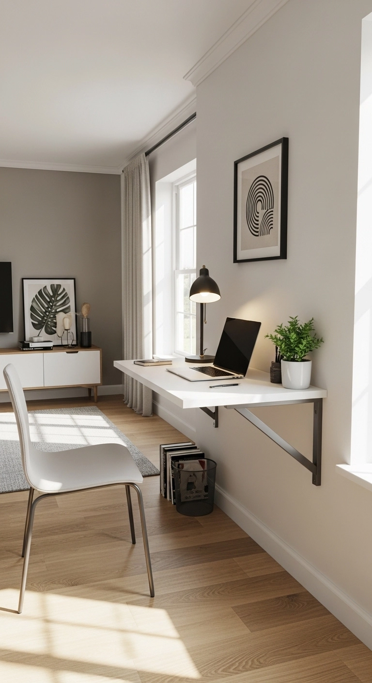 Modern small home office with a wall-mounted floating desk, laptop, minimal decor, and bright natural lighting