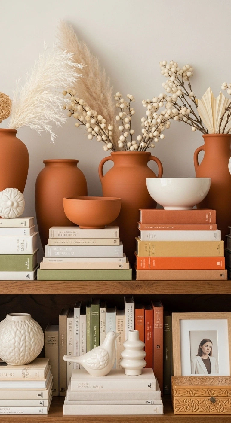 Bookshelf decor ideas with warm earthy color palette