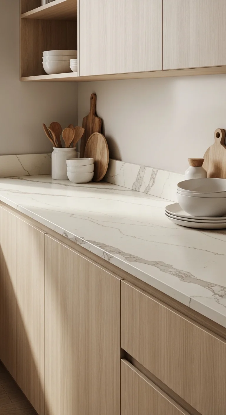 Kitchen featuring warm neutral quartz countertops with subtle veining paired with wood cabinets and neutral backsplash representing warm neutral kitchen ideas.