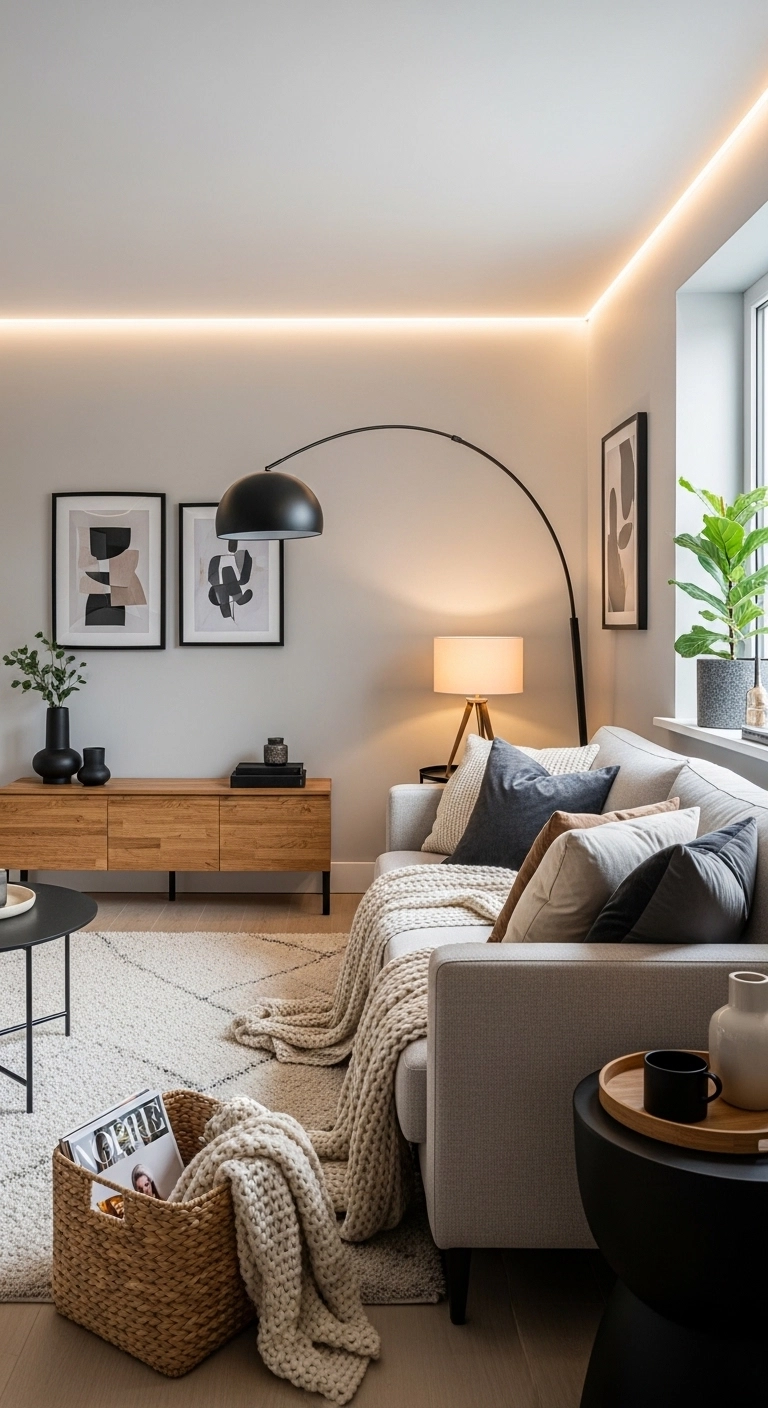 TV Table Ideas with a warm wooden TV table in a cozy modern living room