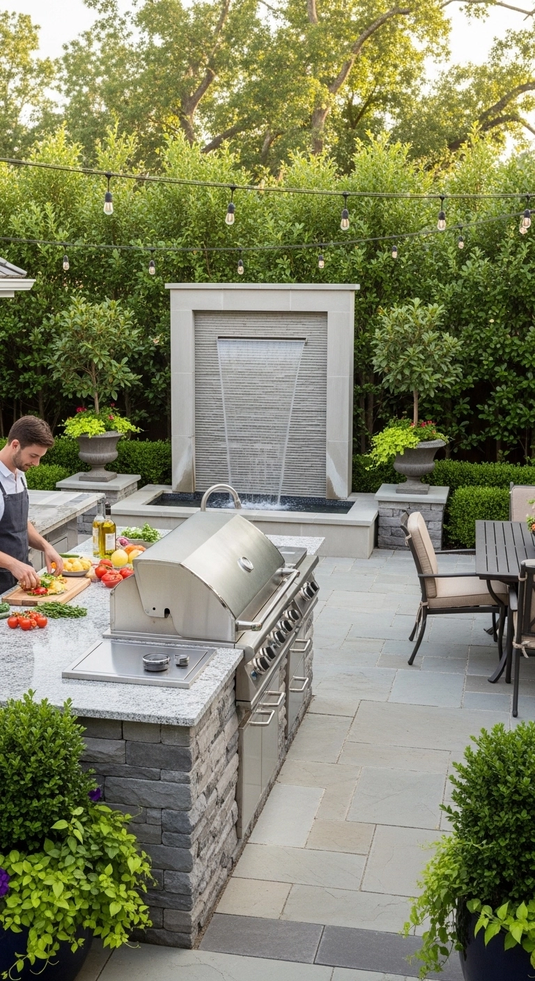 Outdoor kitchen near a decorative fountain illustrating relaxing outdoor kitchen ideas.