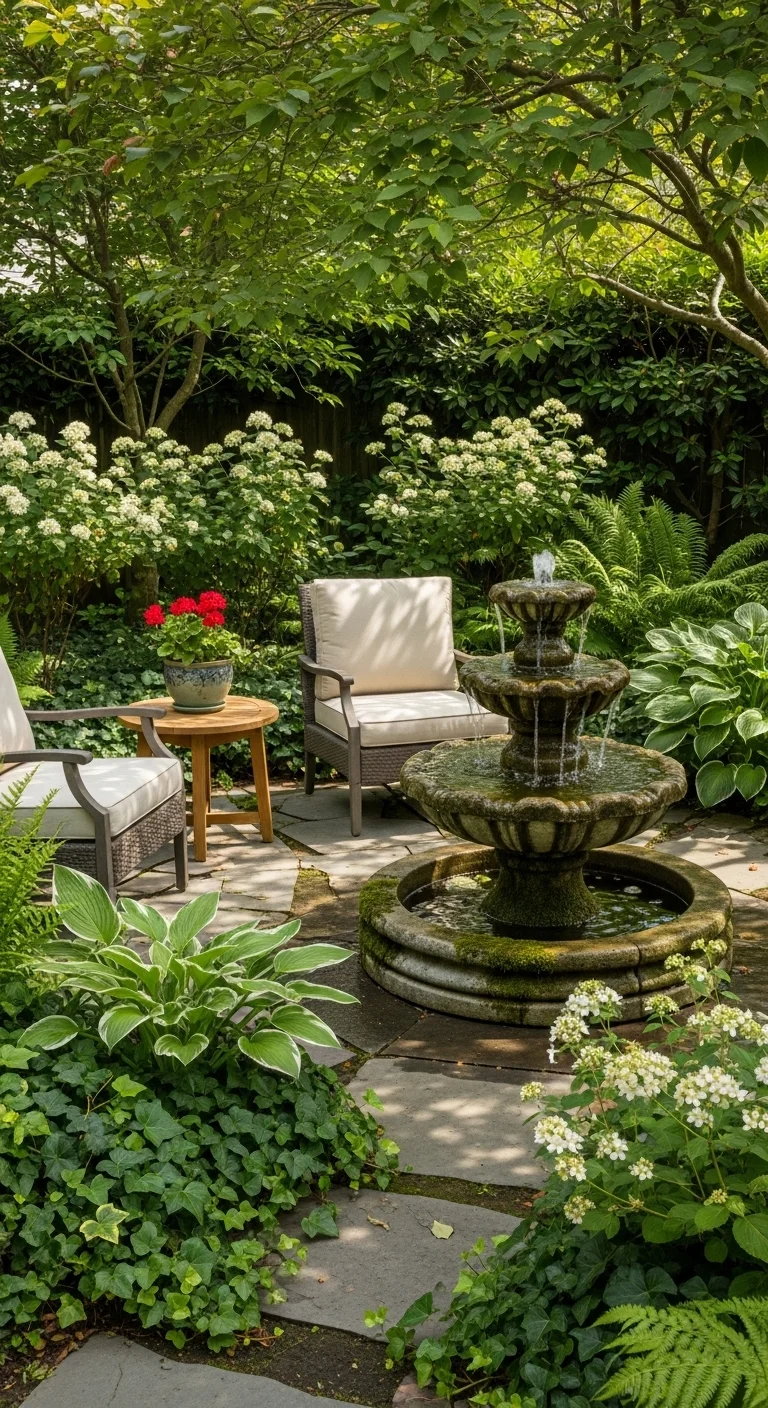 Stone patio fountain creating relaxing outdoor patio ideas with soothing water sound.