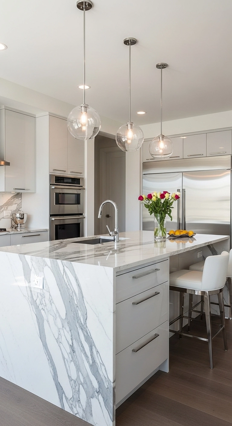 Modern marble waterfall kitchen island with seating in a luxury kitchen featuring elegant kitchen island ideas.