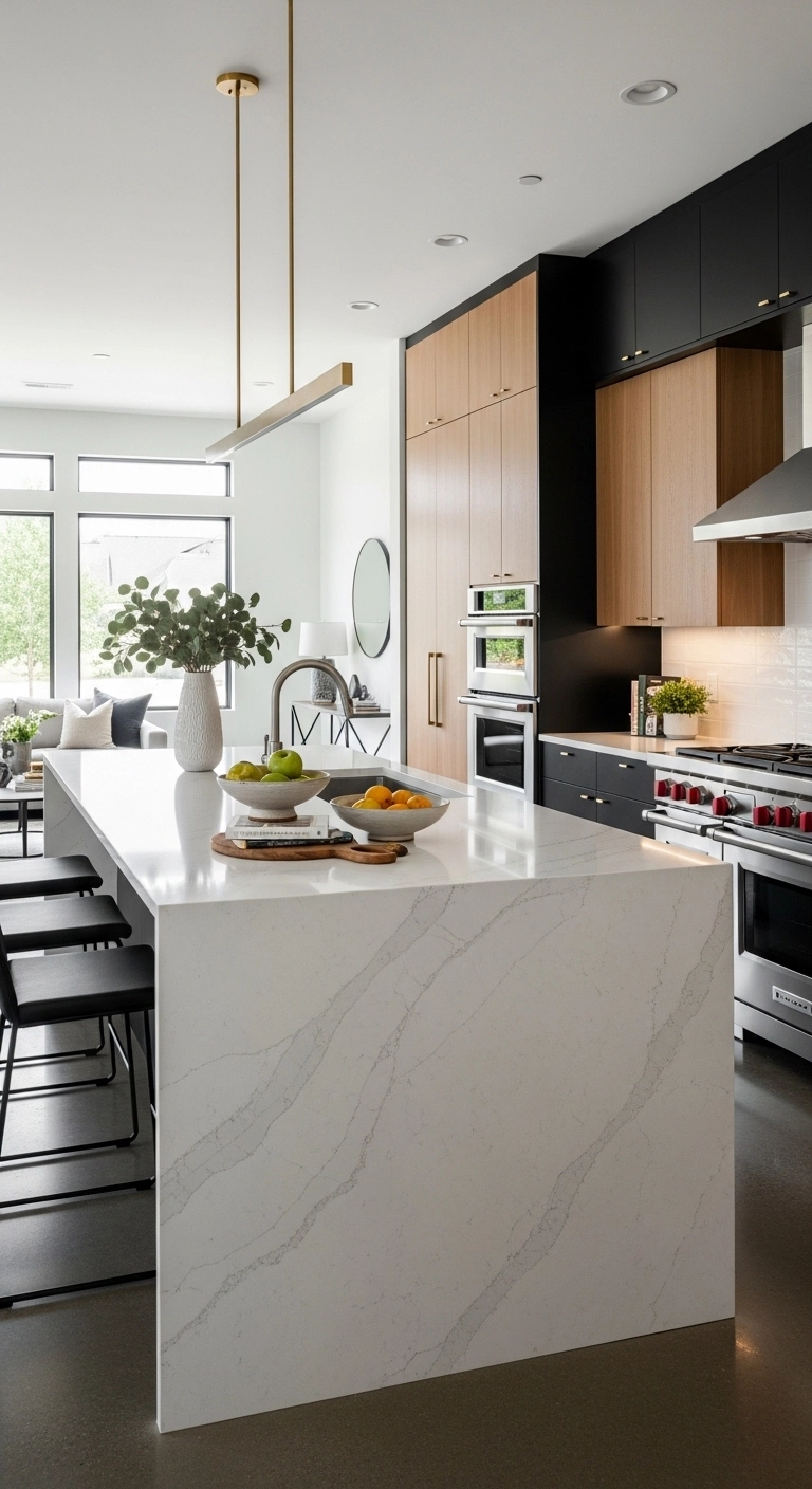 modern kitchen design with waterfall quartz island and sleek cabinets