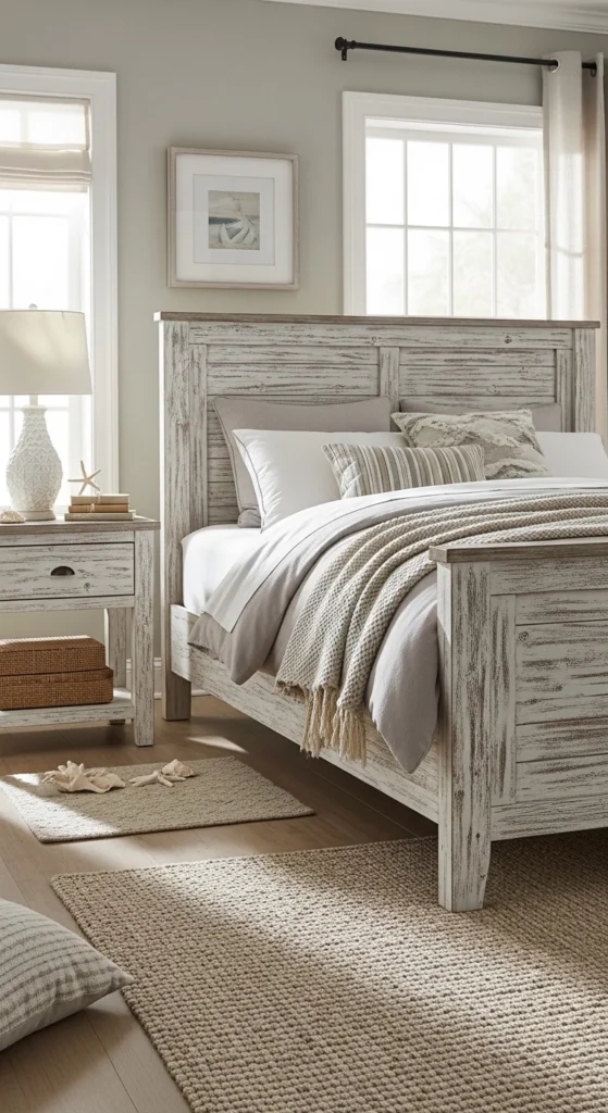 Beach bedroom ideas with distressed wood furniture and whitewashed coastal decor