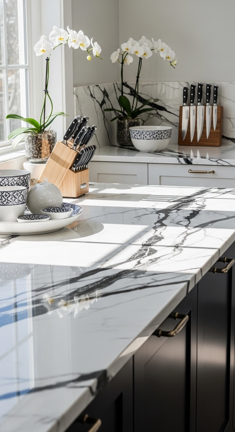 White countertop with black veining, black and white kitchen ideas