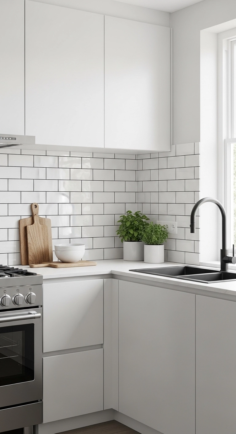 White subway tiles with black grout in kitchen, black and white kitchen ideas