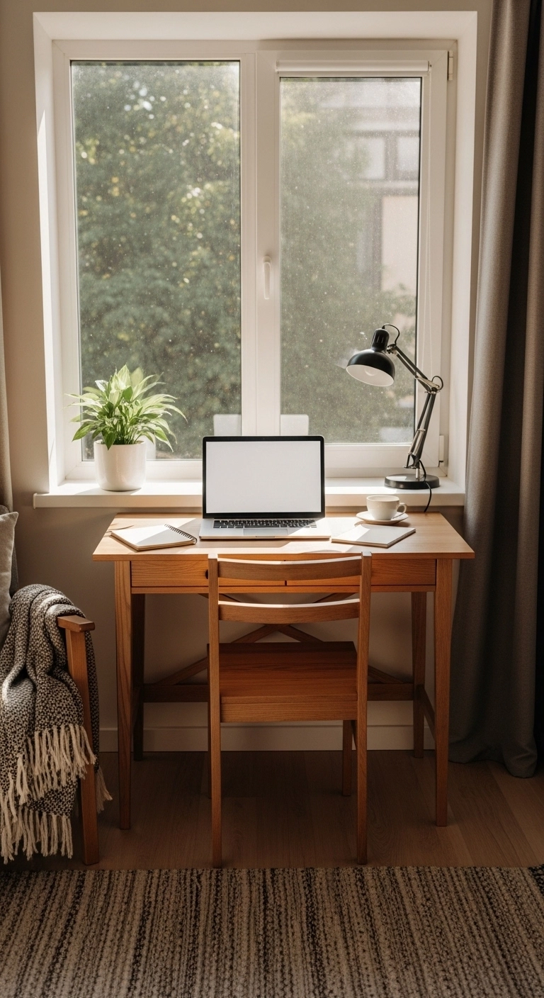Small home office desk under a window with laptop, chair, coffee, and bright natural light