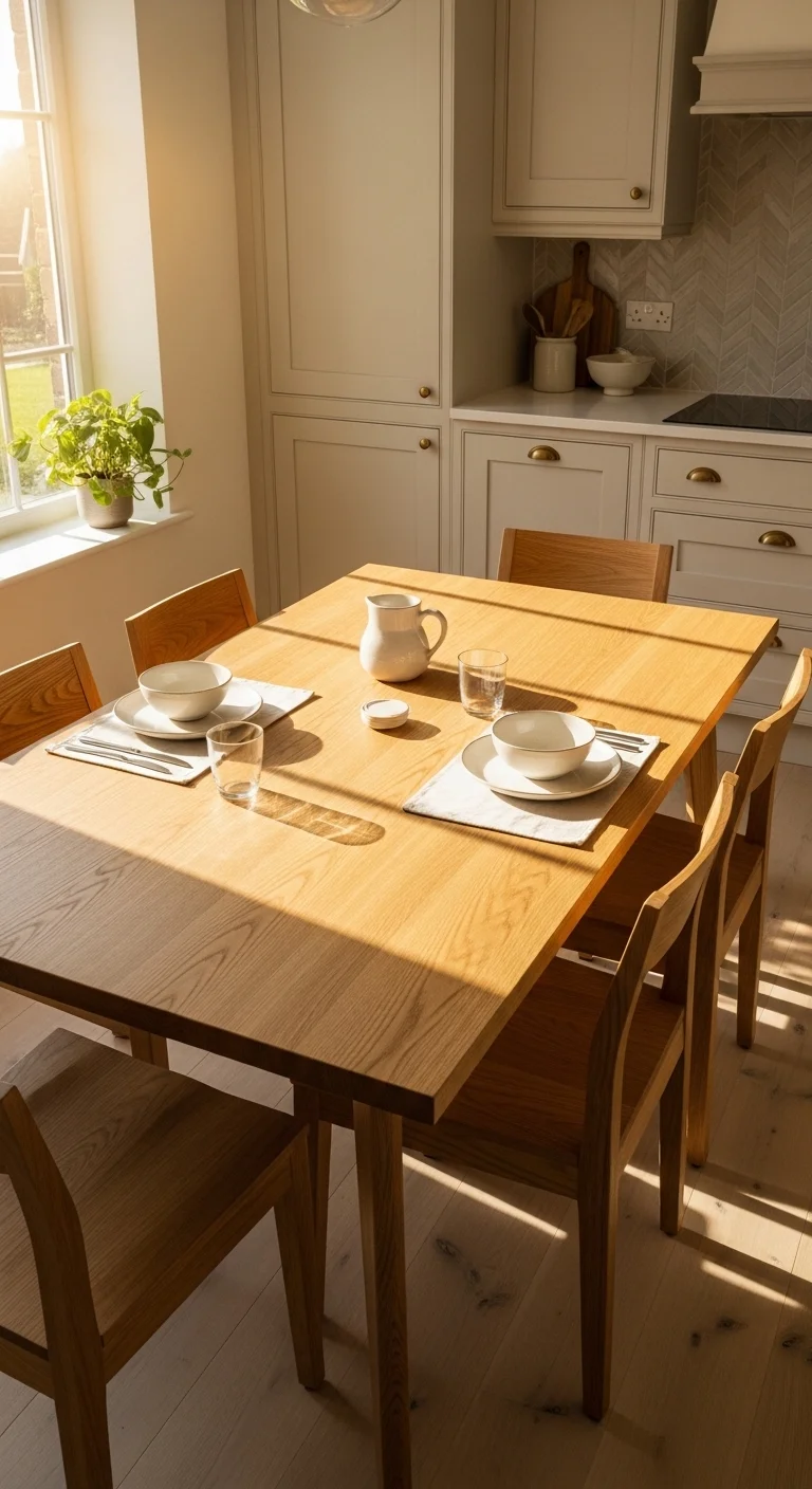 Kitchen dining space with natural wood table and neutral decor showing warm neutral kitchen ideas with organic materials.