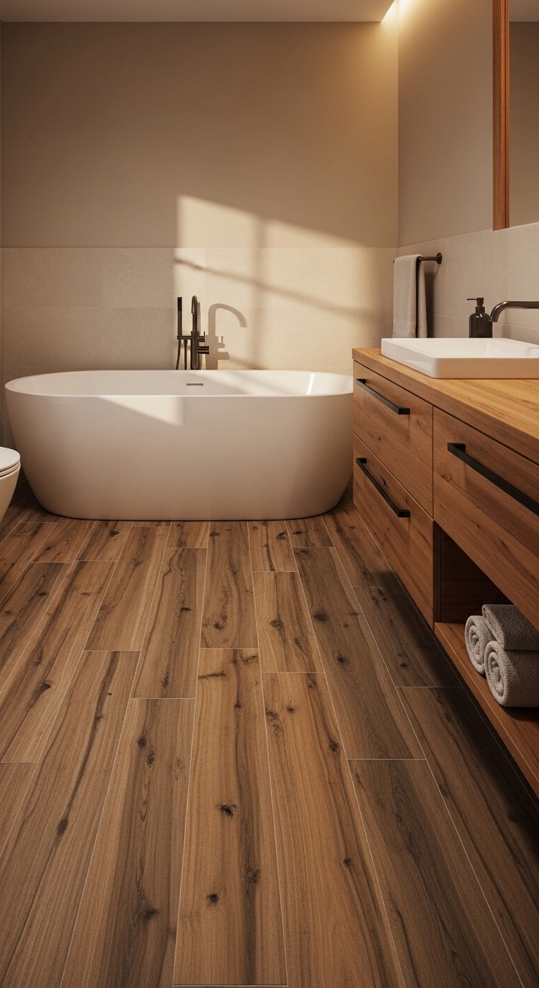 Wood-look bathroom tile design adding warmth with realistic wood tiles