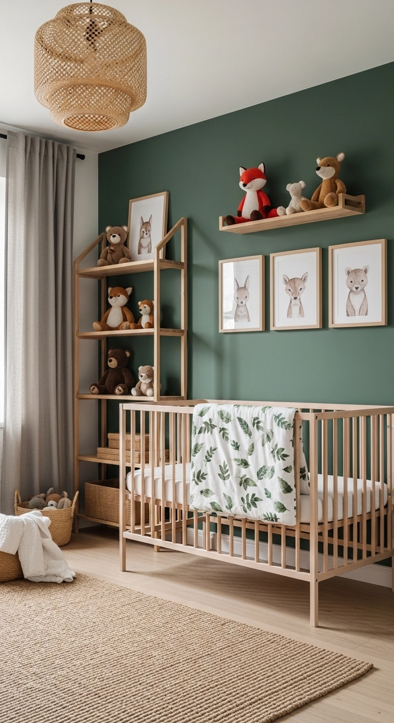 woodland animal baby nursery ideas for boys with forest green walls, fox and bear wall art and wooden shelves