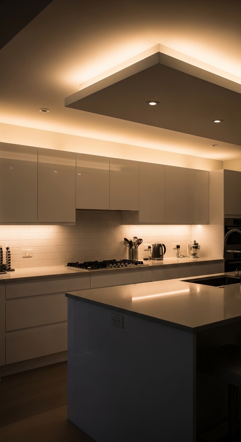 Kitchen lighting ideas with LED strip lights above upper cabinets