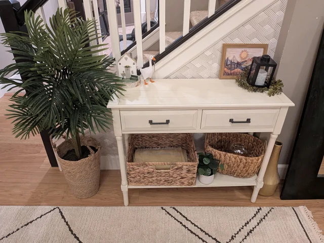 Add a basket below the table for texture and hidden storage