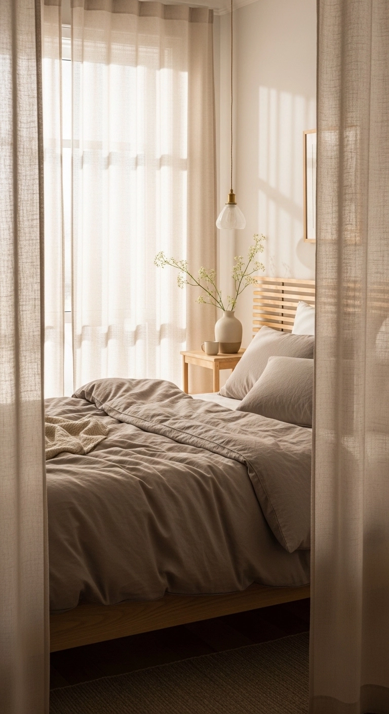 Calm bedroom ideas with sheer curtains and filtered natural light