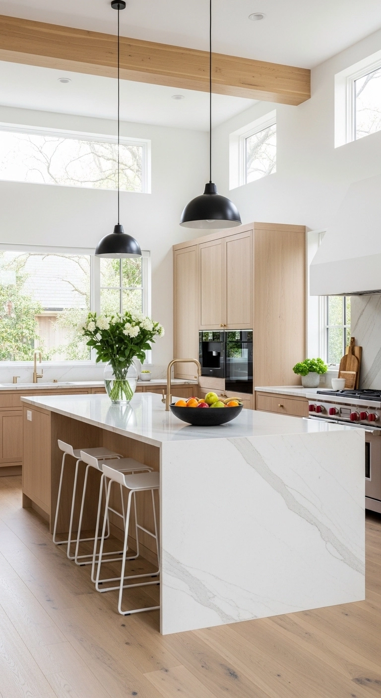 Island kitchen ideas with open leg space and slim stools for an airy look