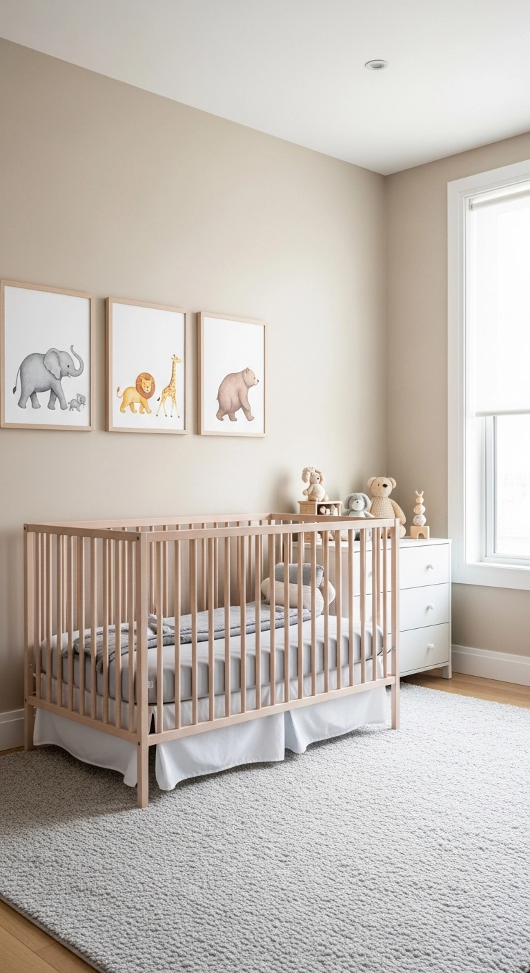 baby room themes with illustrated animal parade wall art in a nursery