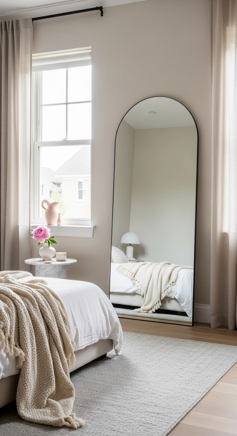girly room dcore ideas with a large arched mirror in a bright bedroom
