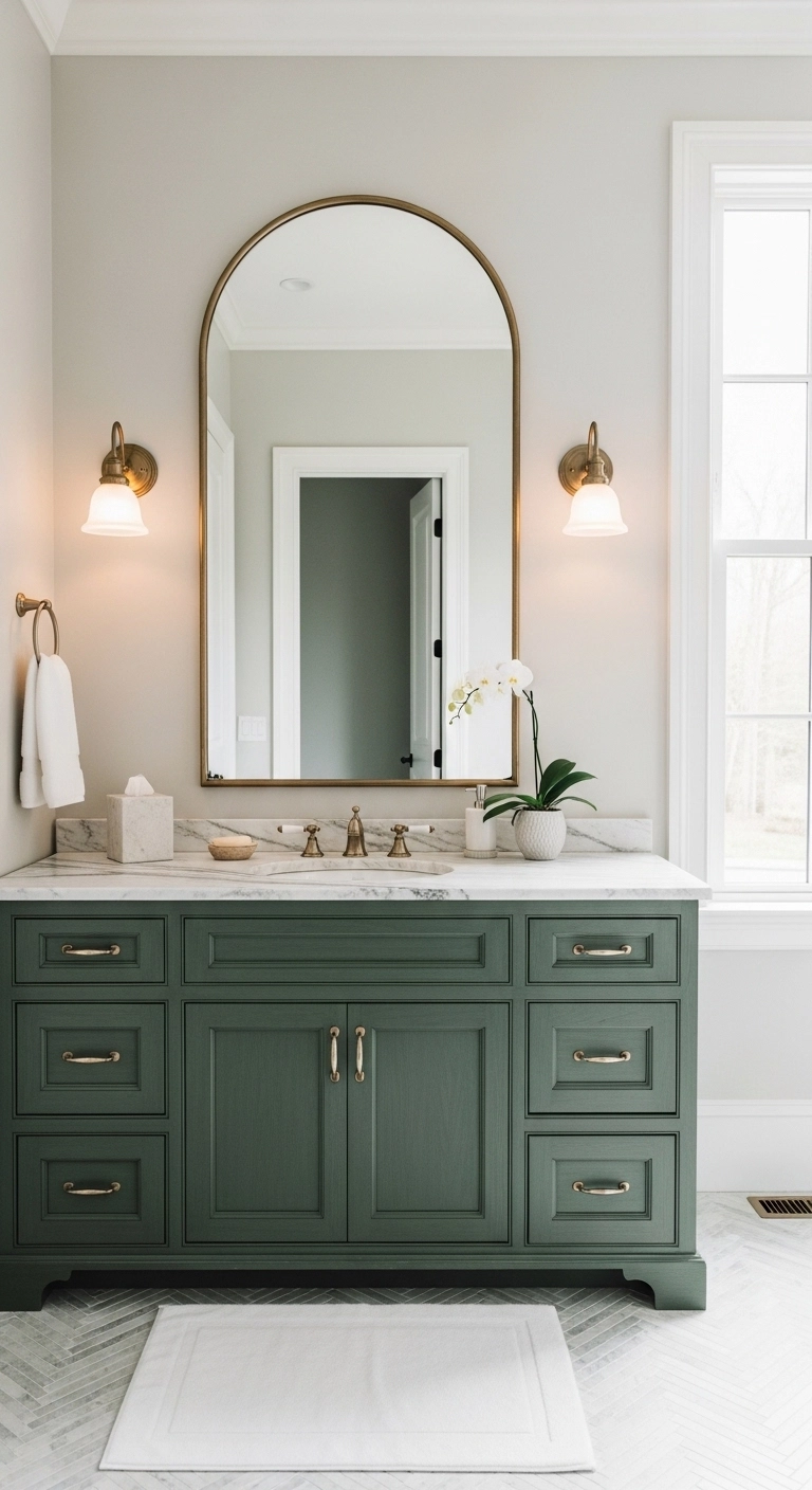 Bathroom mirror ideas with an arched mirror over a stylish painted vanity