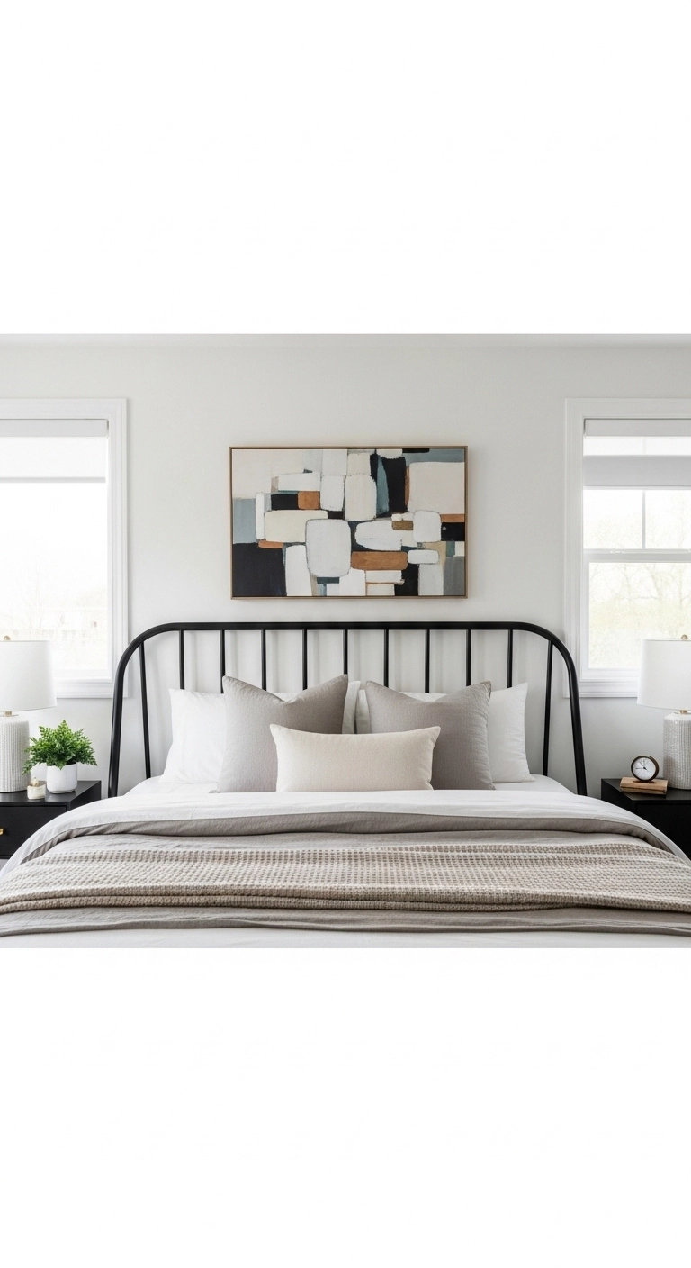 metal bed frame bedroom ideas with wall art above the headboard