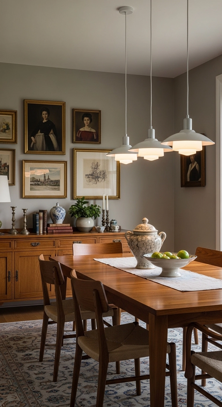 Dining room ideas with framed wall art and a warm lived-in atmosphere