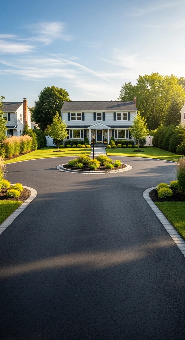 Asphalt driveway ideas with a shaped turnaround area in front yard