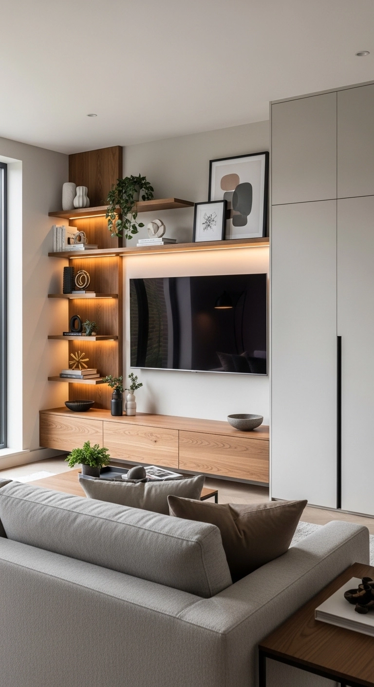 Media wall ideas with asymmetrical shelving around a mounted TV