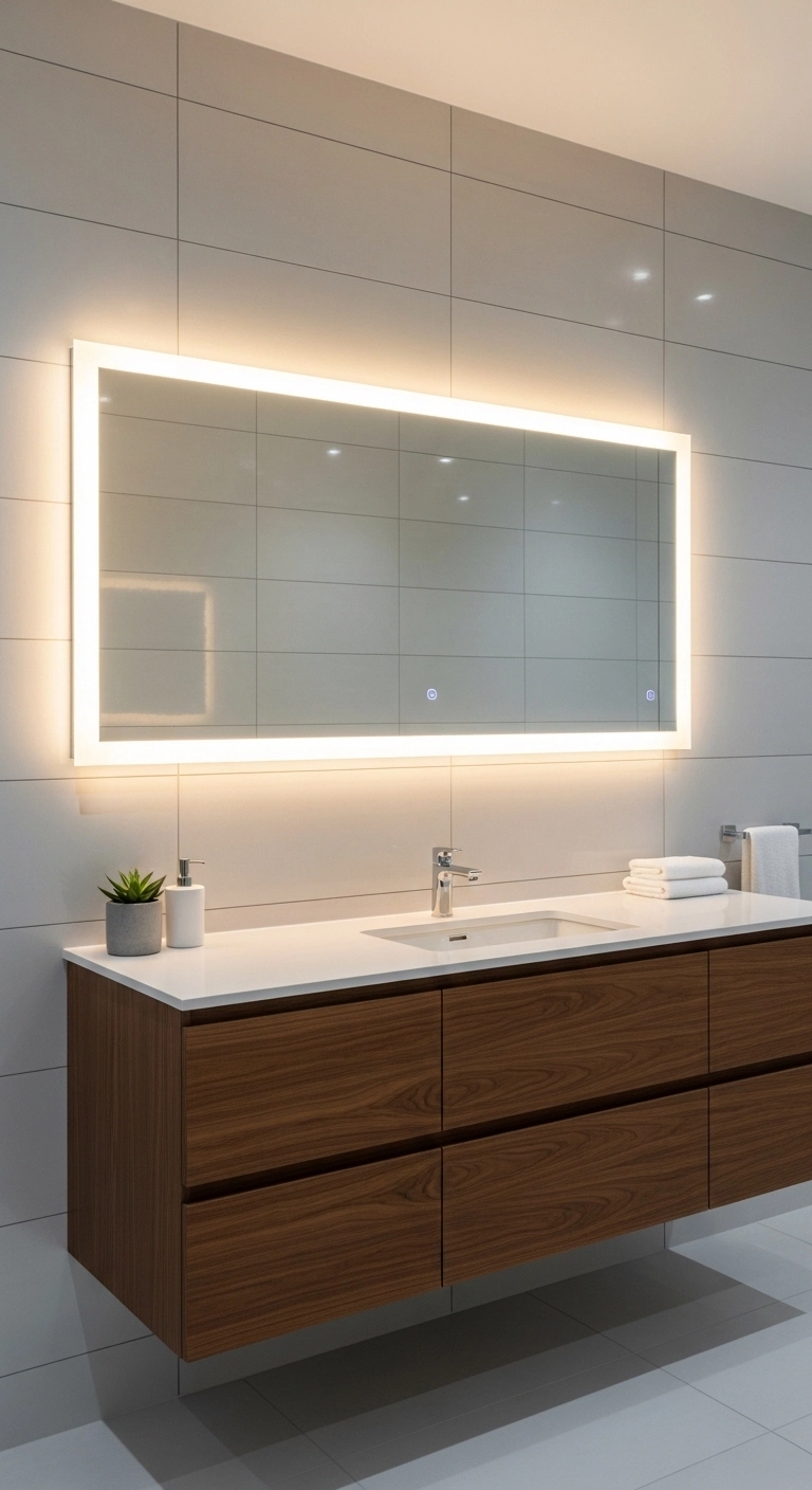 Bathroom mirror ideas with a backlit mirror in a sleek modern bathroom