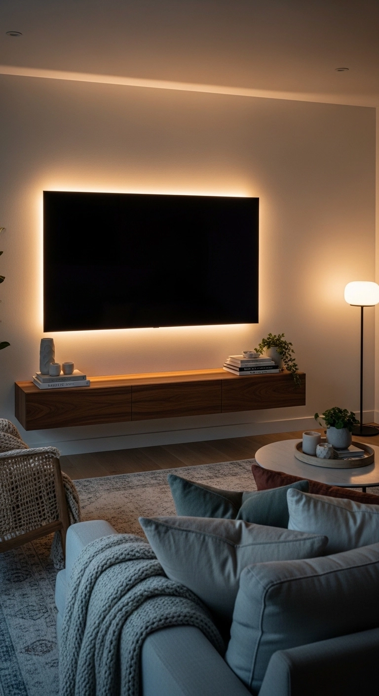 Media wall ideas with hidden LED lighting for a soft cozy glow