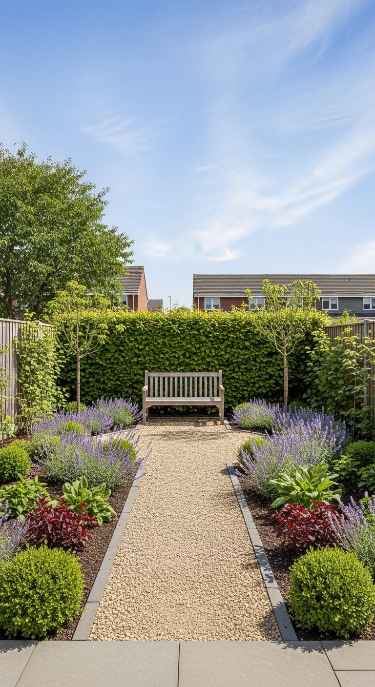 small backyard landscape design ideas with a bench focal point