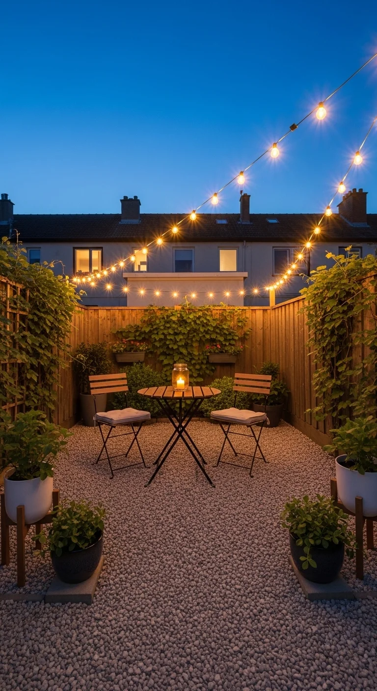 budget small backyard ideas with string lights over a seating area