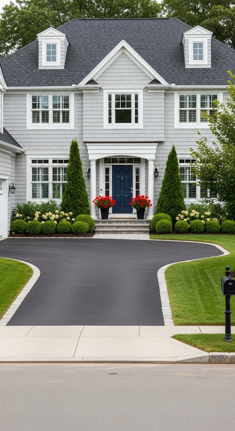 Asphalt driveway ideas with balanced scale for a tidy front yard