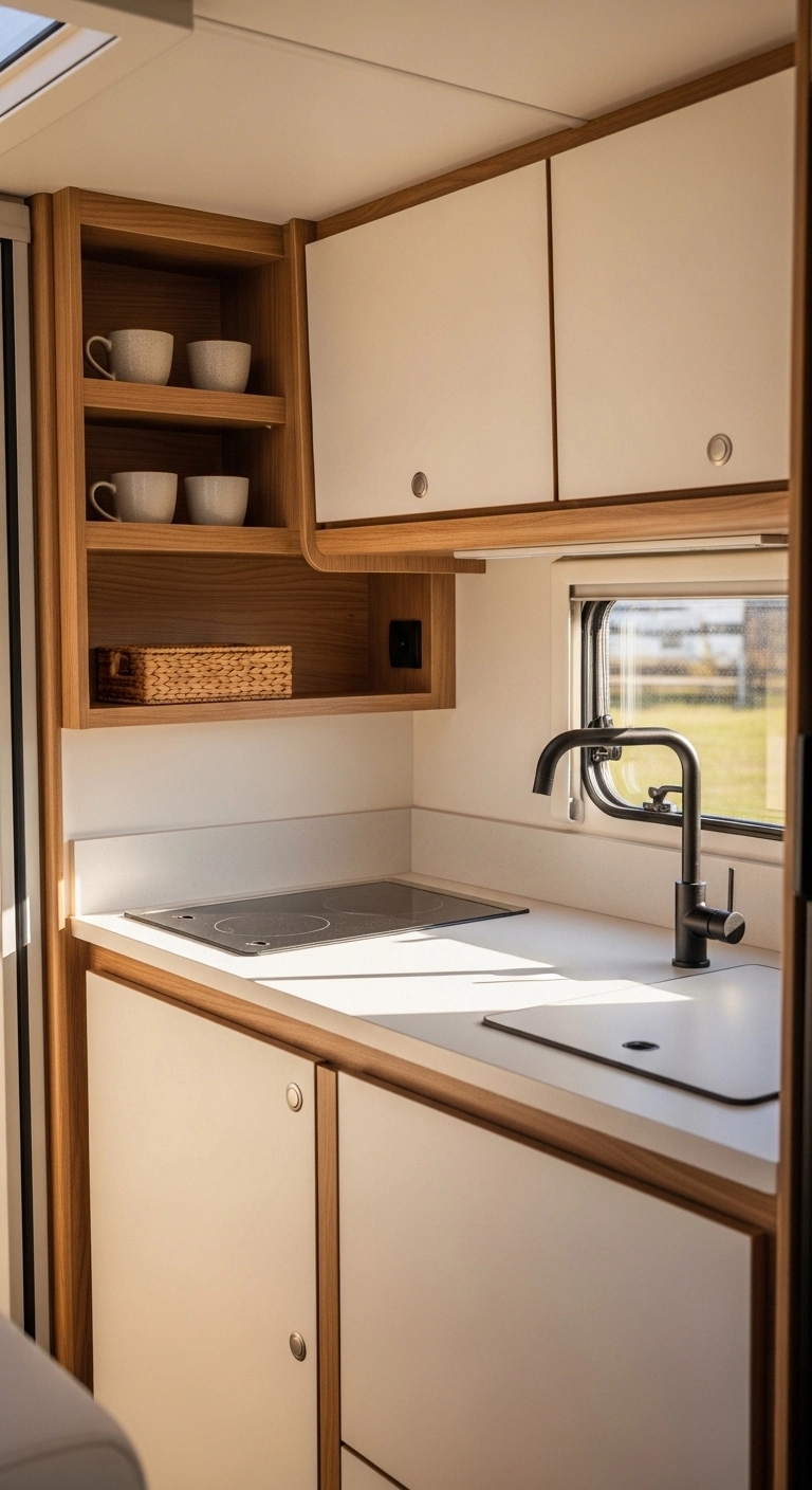 camper interior ideas with a small open shelf in a tidy kitchen