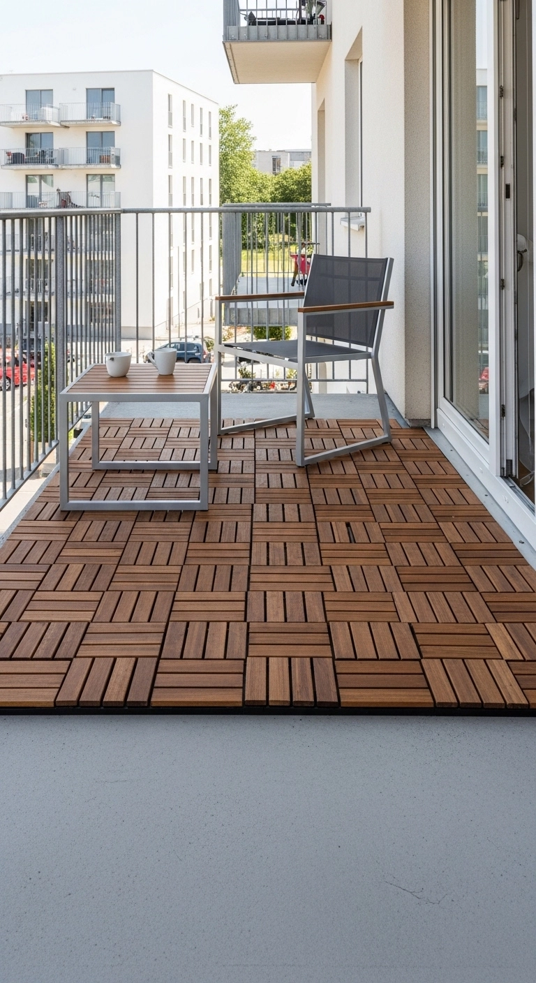 apartment balcony ideas with deck tile flooring and compact outdoor seating