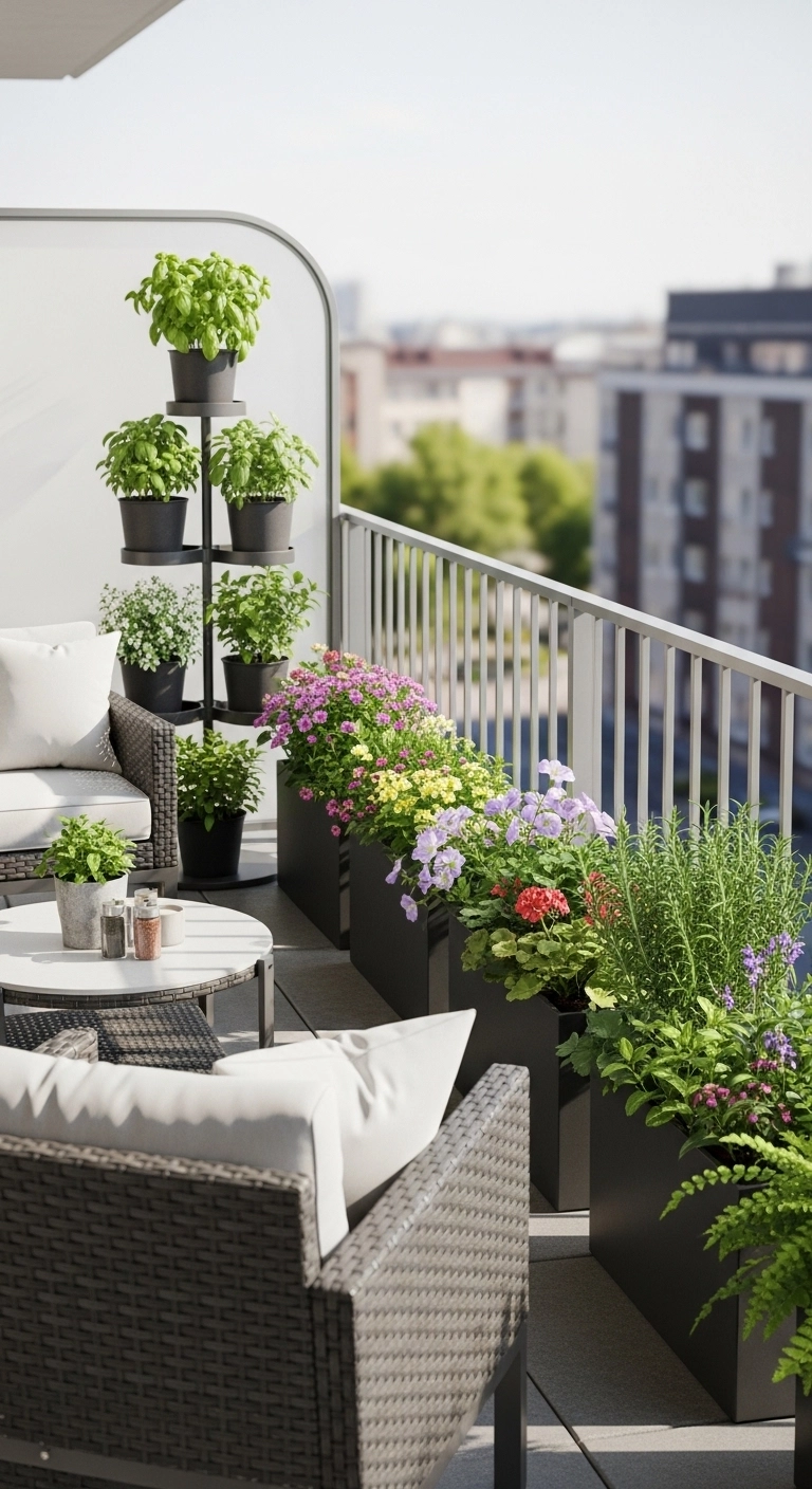 apartment balcony ideas with railing planters and tidy greenery