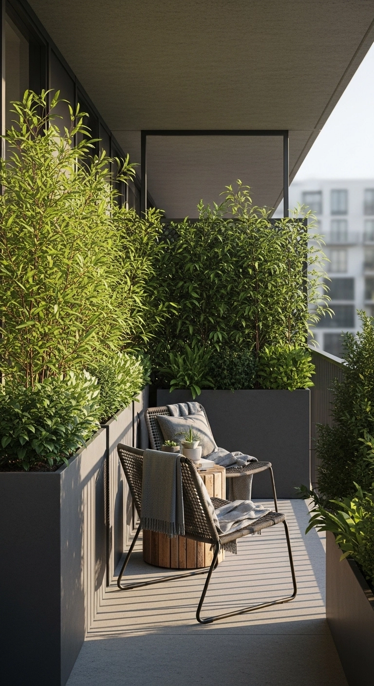 Balcony privacy ideas with tall planters and dense greenery for a private corner