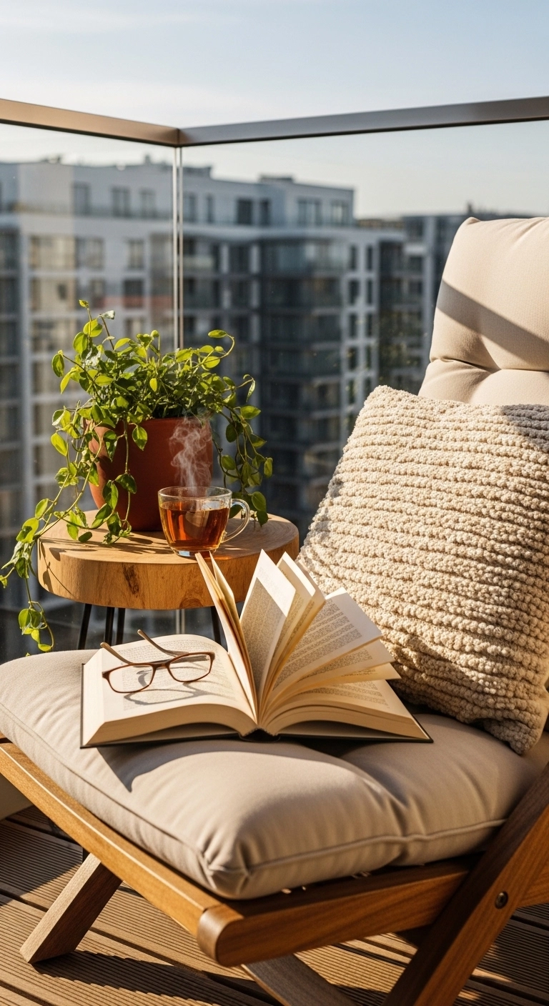 apartment balcony ideas with a cozy reading corner and side table