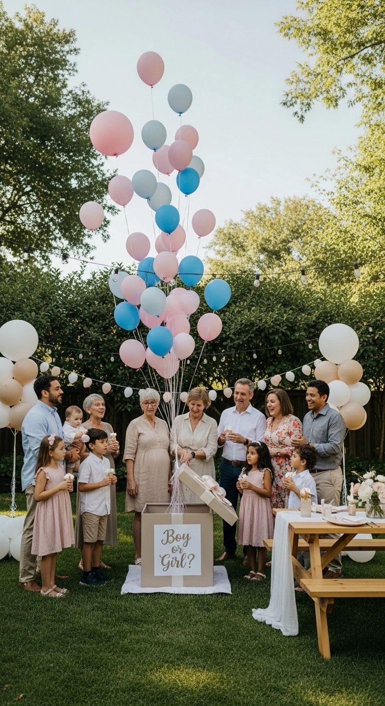 DIY gender reveal ideas with balloons rising from a reveal box