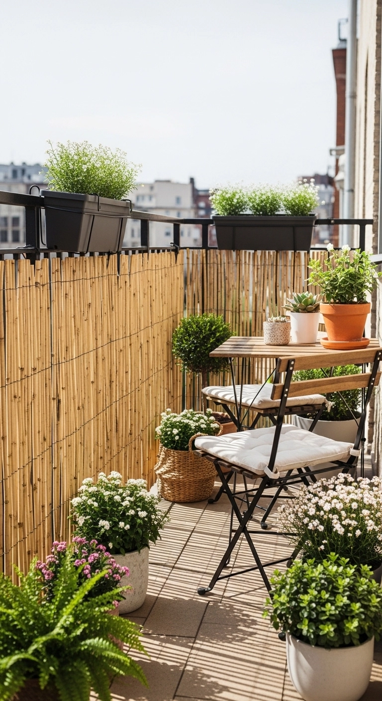 Balcony privacy ideas using bamboo screen and plants on a narrow balcony