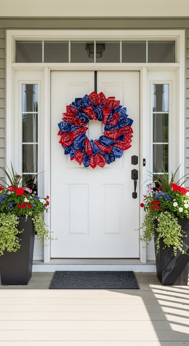 DIY 4th of July decorations with a red white and blue bandana wreath on a front door