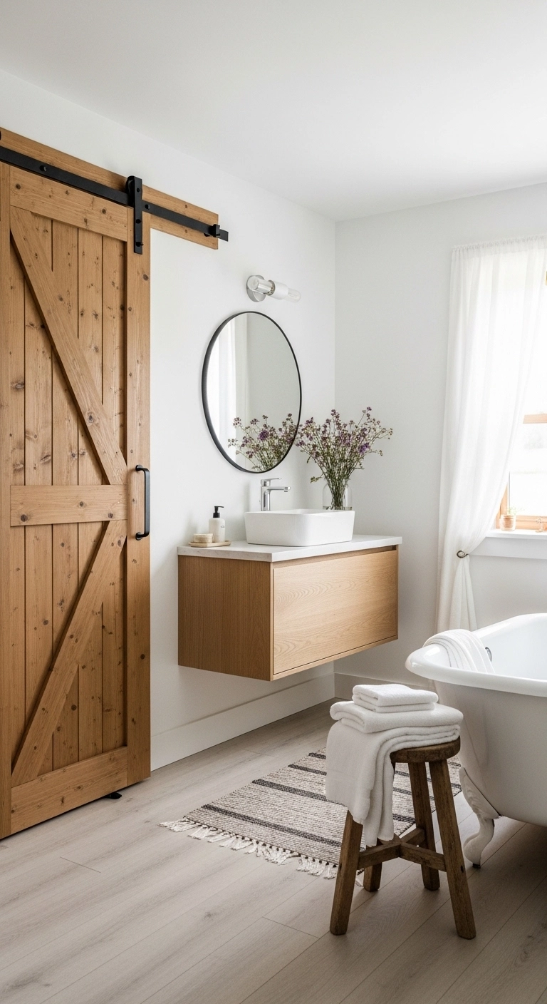 Farmhouse bathroom ideas with a sliding barn-style door and rustic charm