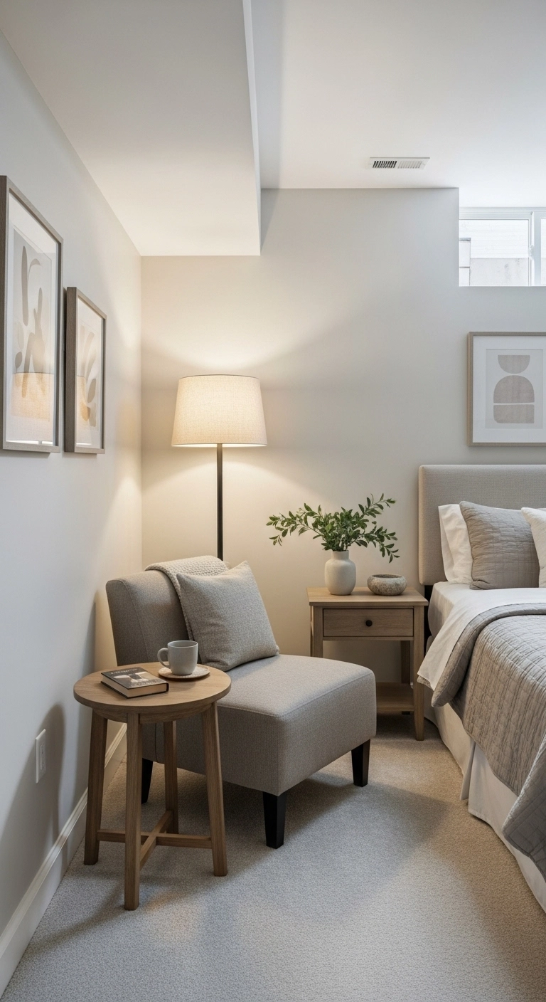 basement bedroom ideas with a small reading chair in the bedroom
