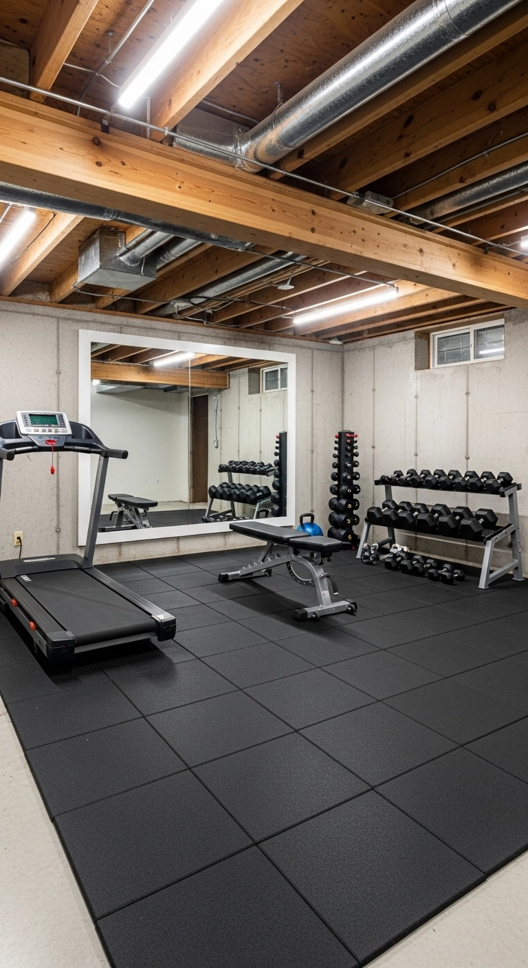 unfinished basement ideas with a simple home gym setup