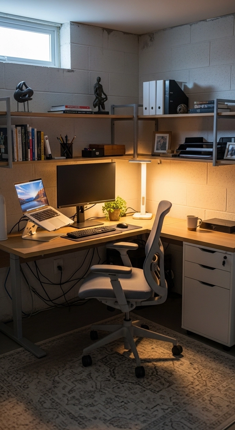 unfinished basement ideas with a tidy home office corner