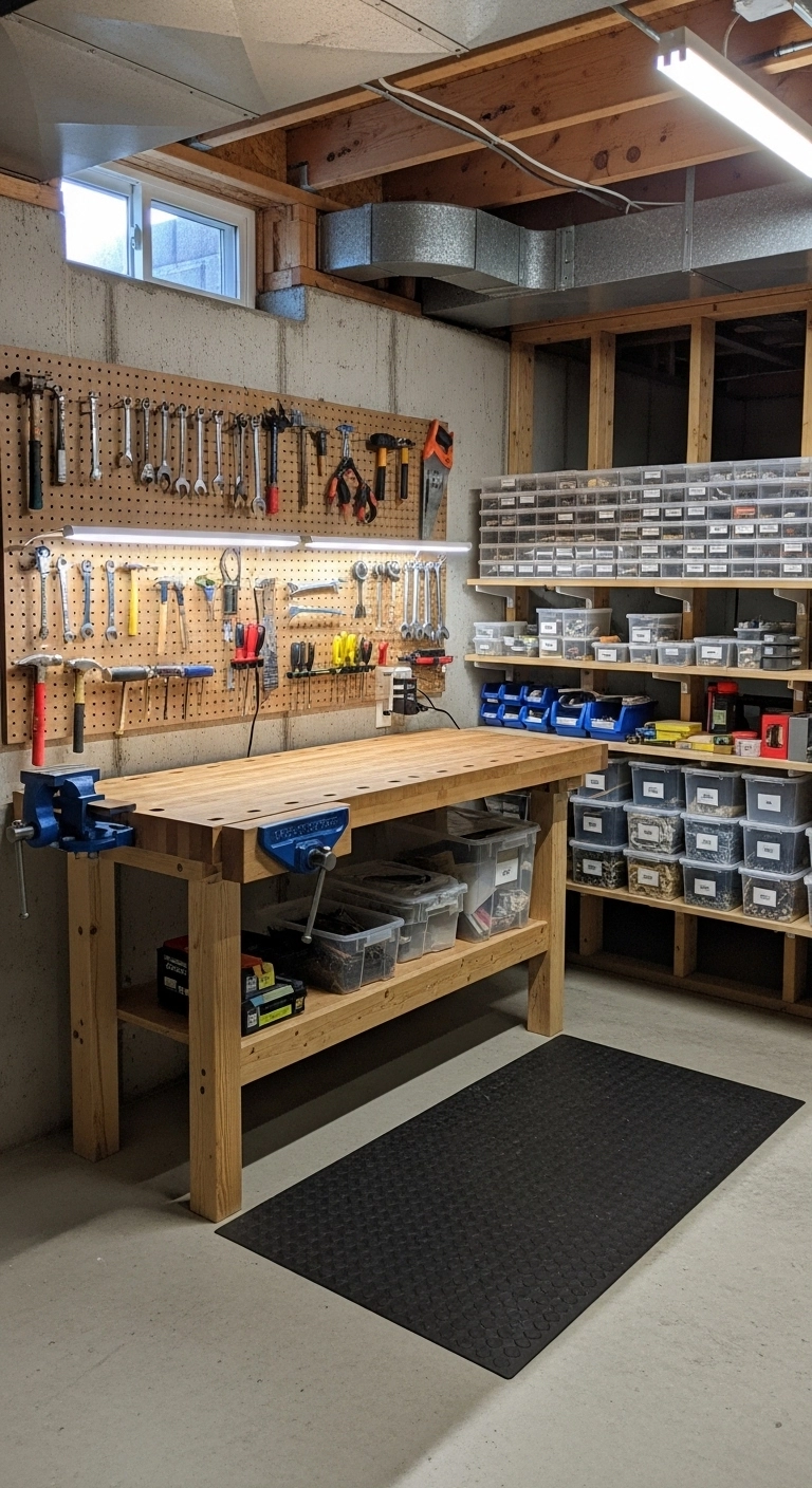unfinished basement ideas with an organized workshop and workbench