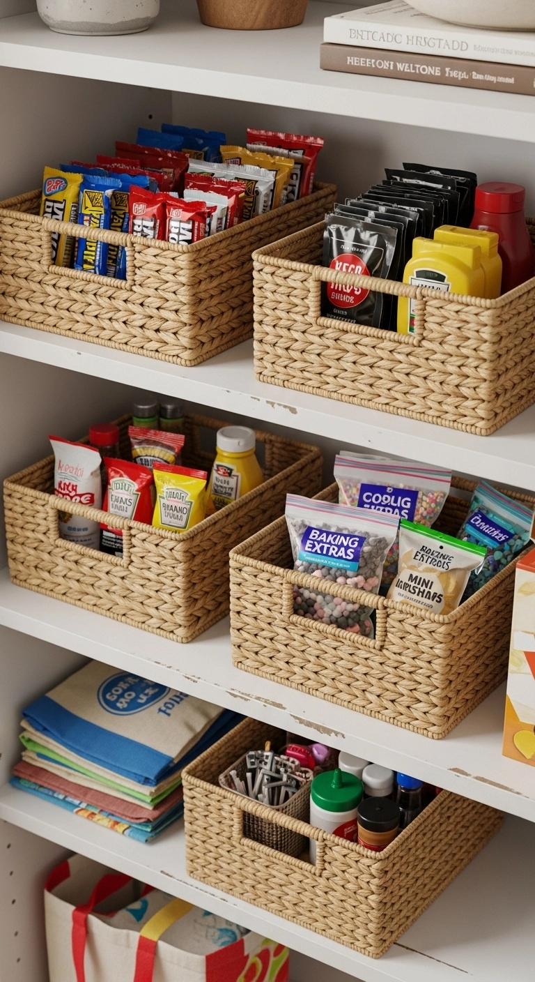 small pantry ideas with baskets for loose pantry items