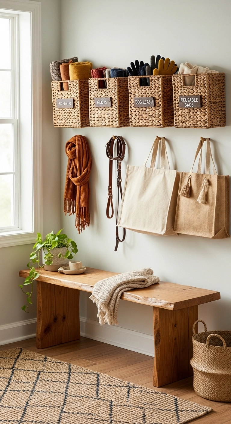 small entryway ideas with baskets for loose daily items